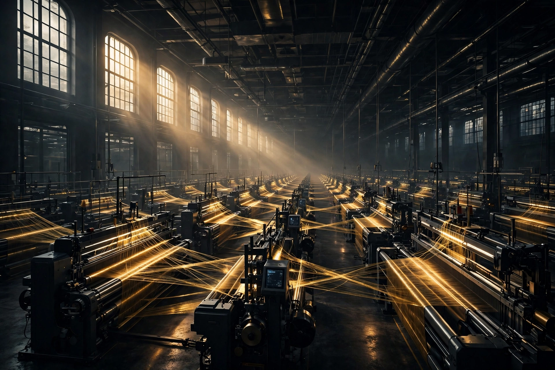 A vast high-tech textile atelier — endless looms threaded with luminous golden thread