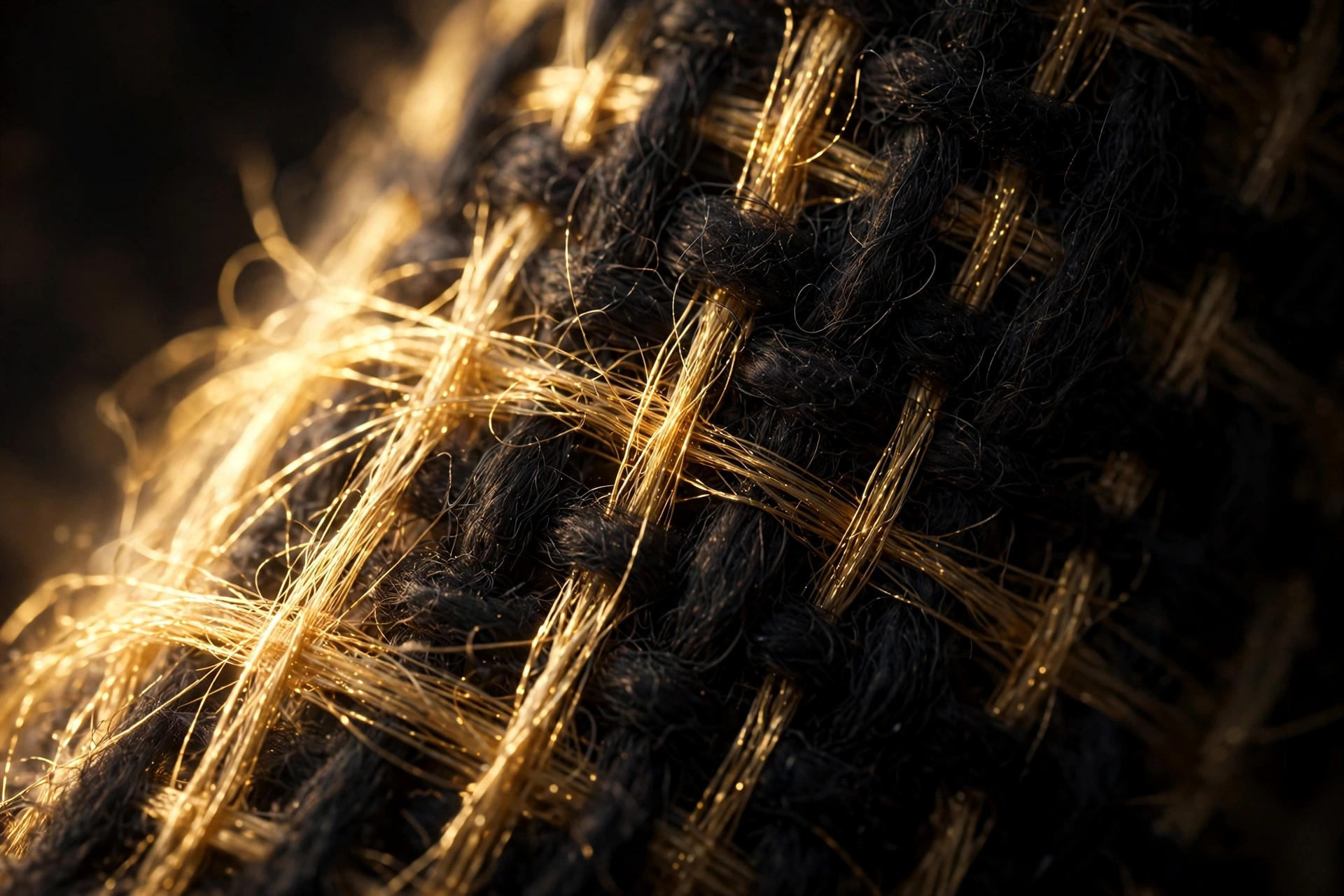 Macro of golden filaments interlaced with deep charcoal woven threads