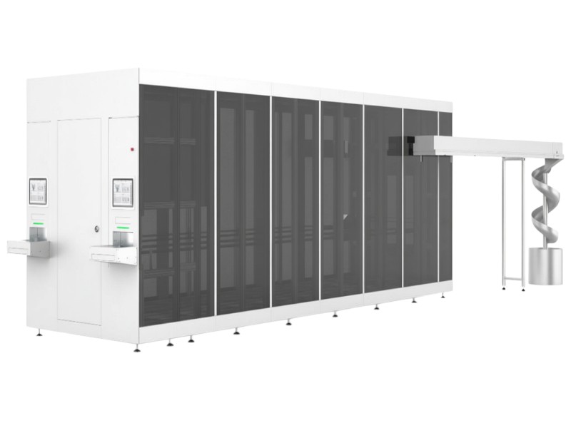 Retail pharmacy automation system with dual robotic arms handling 40,000 boxes capacity